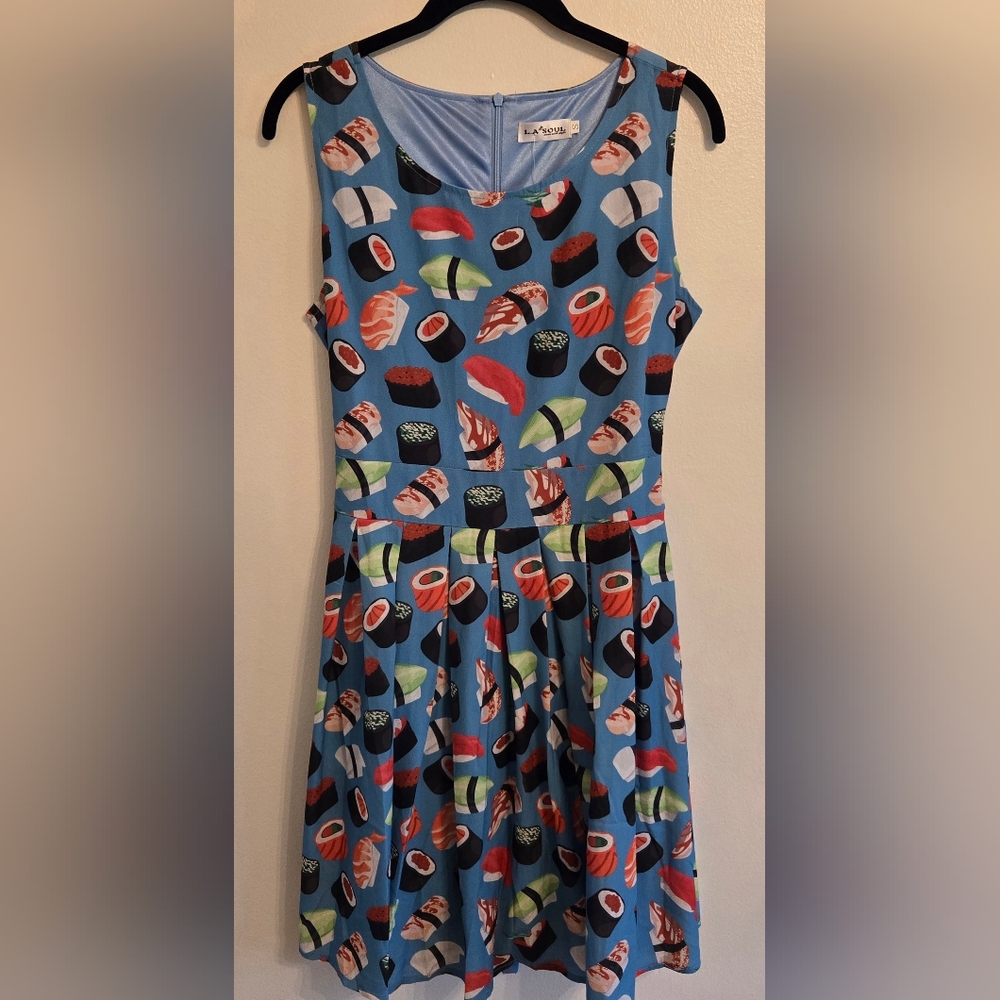 L.A. Soul Sushi Print Blue Pleated Midi Dress Small NWT Whimsy